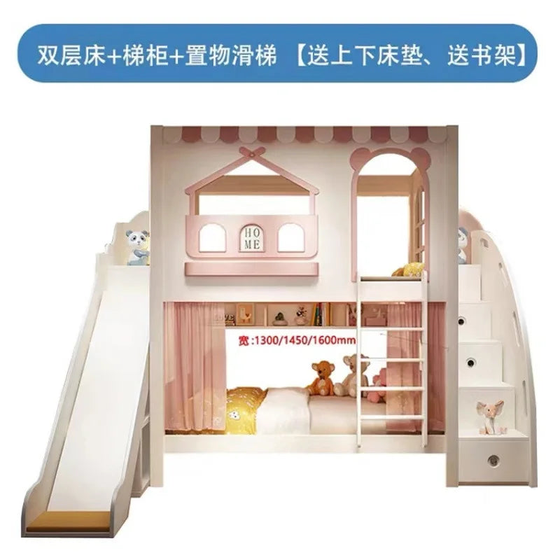 Customizable girl princess bunk bed two-story high-low sister high guardrail slide elevated bed