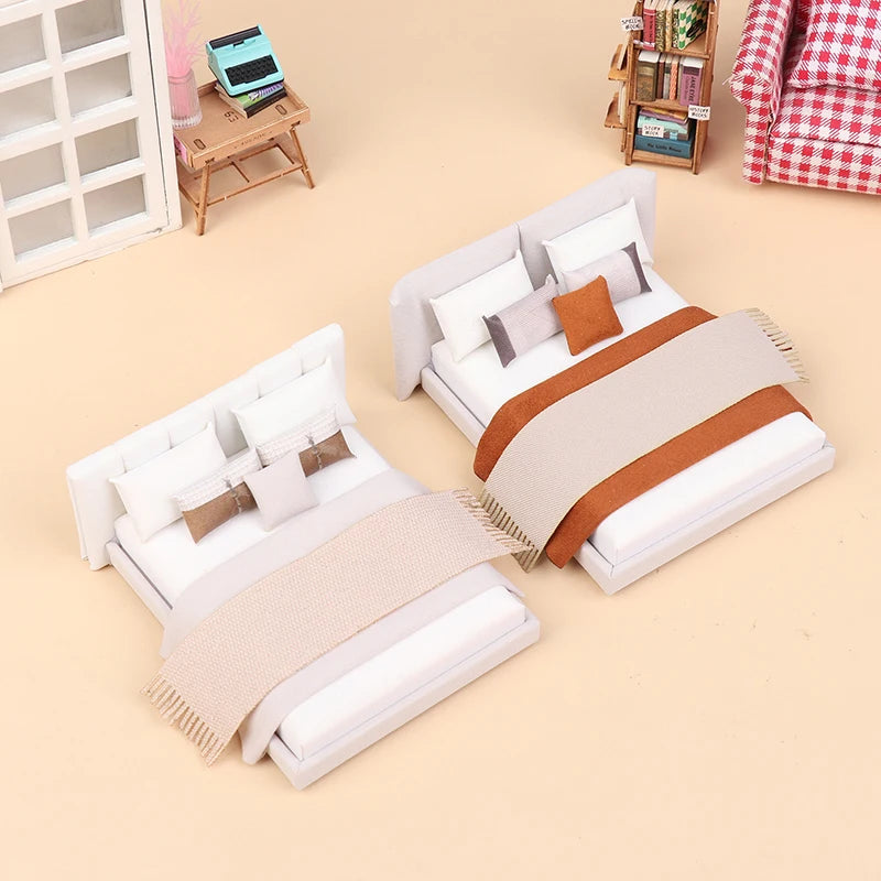 Dollhouse Cream Color Double Bed Model For Bedroom Micro Landscape Scene Miniature Furniture Doll Accessories