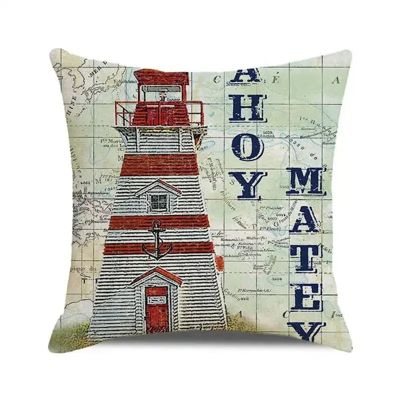 Throw Pillow Cover Watercolor Lighthouse Navigation Ocean Seagull Boat Home Sofa Cushion Cover Home Decor Pillowcase 40x40 Cm