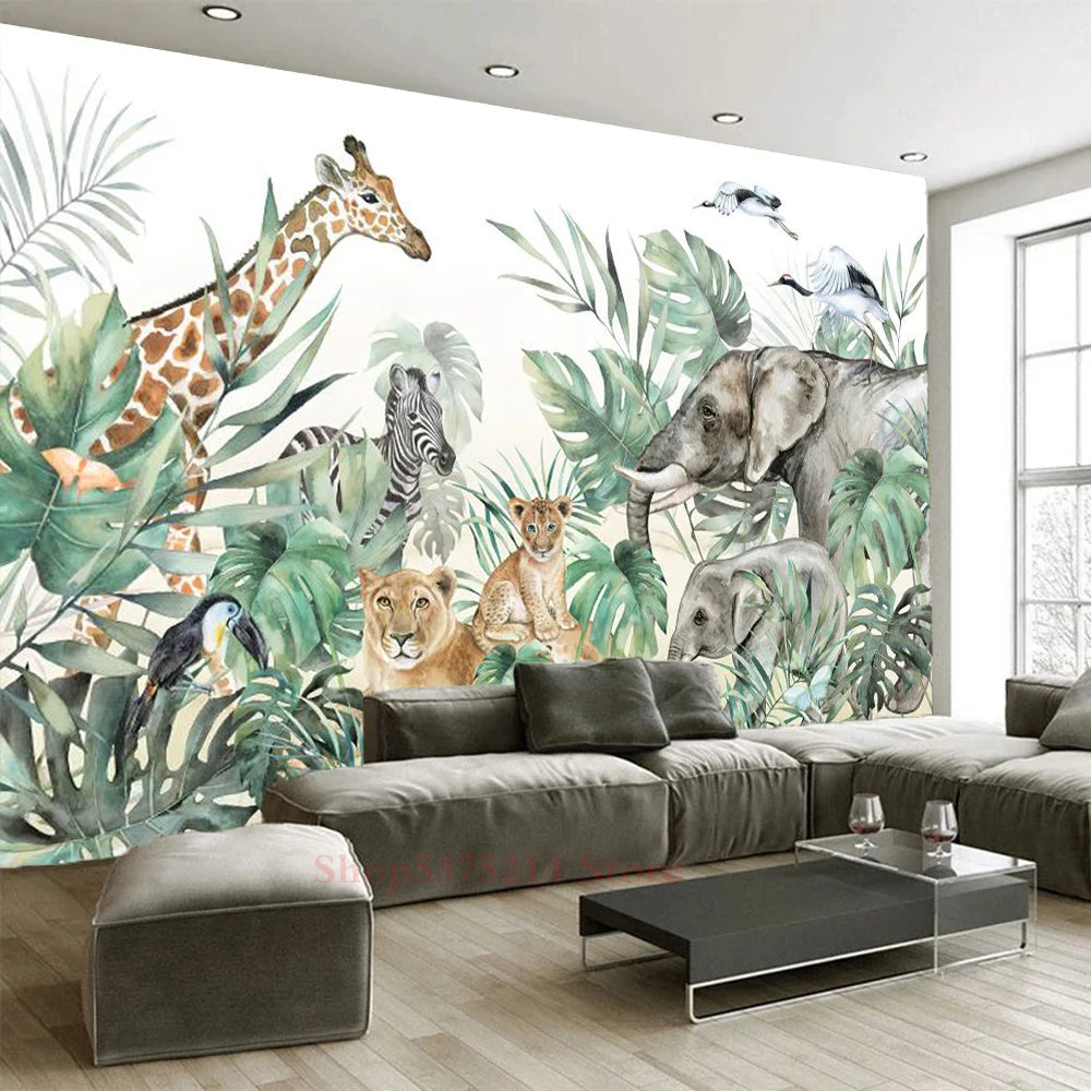 Baby Kids Room Decorative Wallpaper Jungle Animals Printed Wall Wallpapers For Nursery Room Renovation Elephant Giraffe Custom