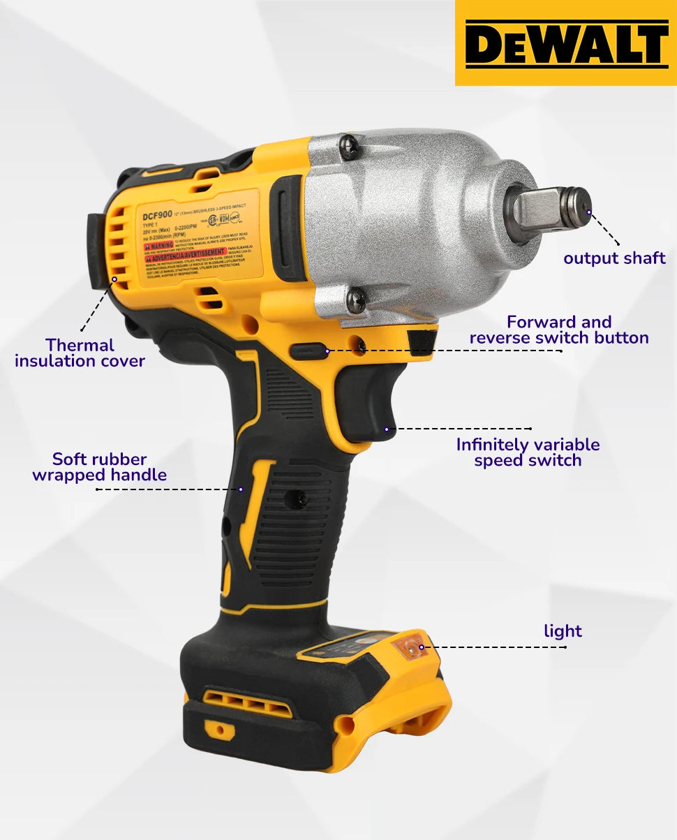 DeWALT DCF900 Brushless Impact Wrench:20V Power,Pressure-Driven Speed,Double Safety&Ergonomic Design for Heavy-Duty Jobs