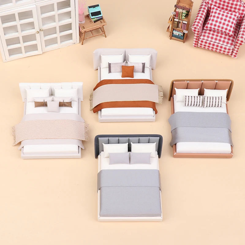 Dollhouse Cream Color Double Bed Model For Bedroom Micro Landscape Scene Miniature Furniture Doll Accessories