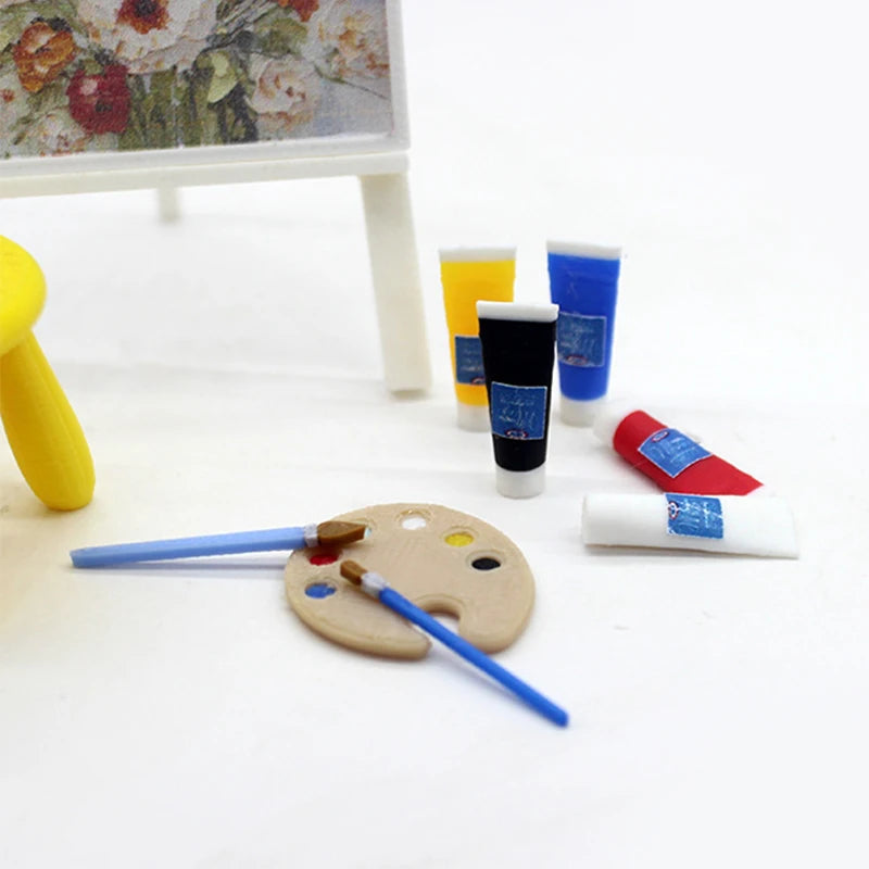1/12 Mini Dollhouse Art Supplies; Pigment Tube, Brush, Palette Model; Ideal Dolls House Draw Room Decoration Accessories