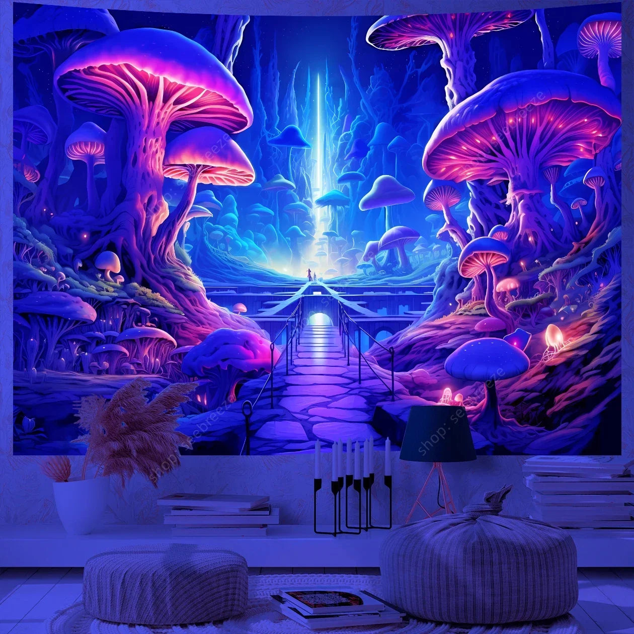 Fantasy Mushroom UV Reactive Tapestry Beautiful Floral Plant Tapestry Wall Hanging Gothic Home Wall Decor Room Decor Aesthetic