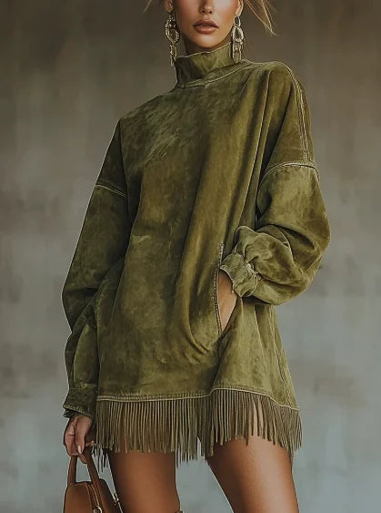 Woman Clothes Elegant Party Dresses Suede Fashion Long Sleeve high collar fringe Skirt Dress Woman Mini Dresses Female clothing