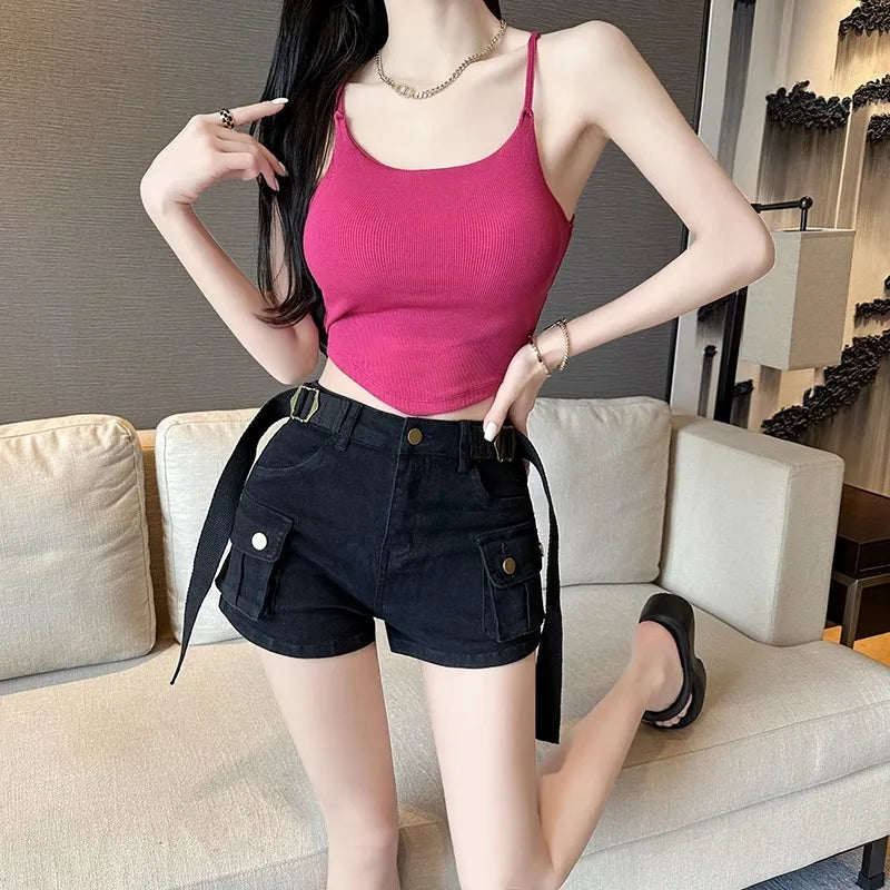 Summer Sexy ort Tank Top Women's Slim Fit Csole Vest Outerwear with Chest Pad Strap Vest Pure Color Faion Design