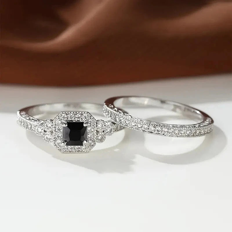 Huitan Vintage Black/White Cubic Zircon 2Pcs Set Rings for Women Anniversary Party Temperament Elegant Lady Accessories Jewelry