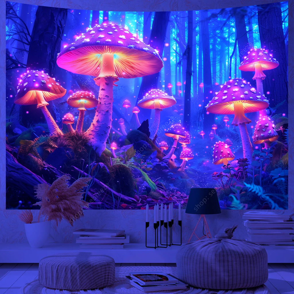 Fantasy Mushroom UV Reactive Tapestry Beautiful Floral Plant Tapestry Wall Hanging Gothic Home Wall Decor Room Decor Aesthetic