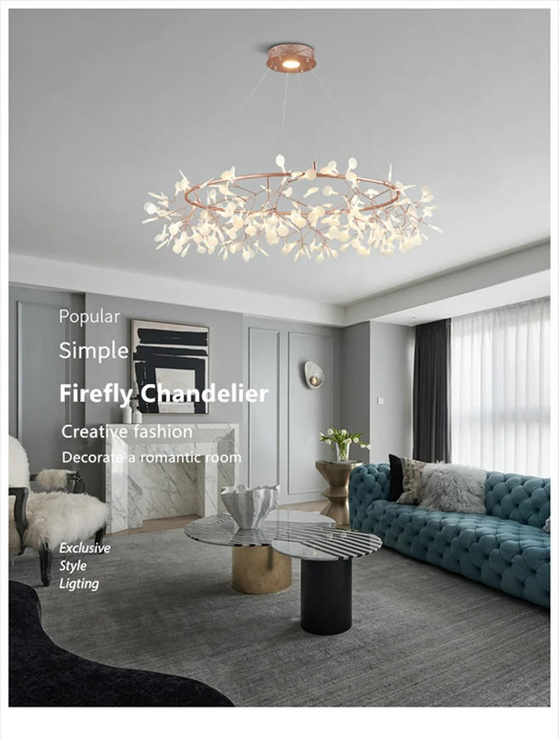 Nordic LED Firefly Ceiling Chandelier Modern Living Dining Room Pendant Lamp Bedroom Hanging Light Lustre Home Decor Fixture2023