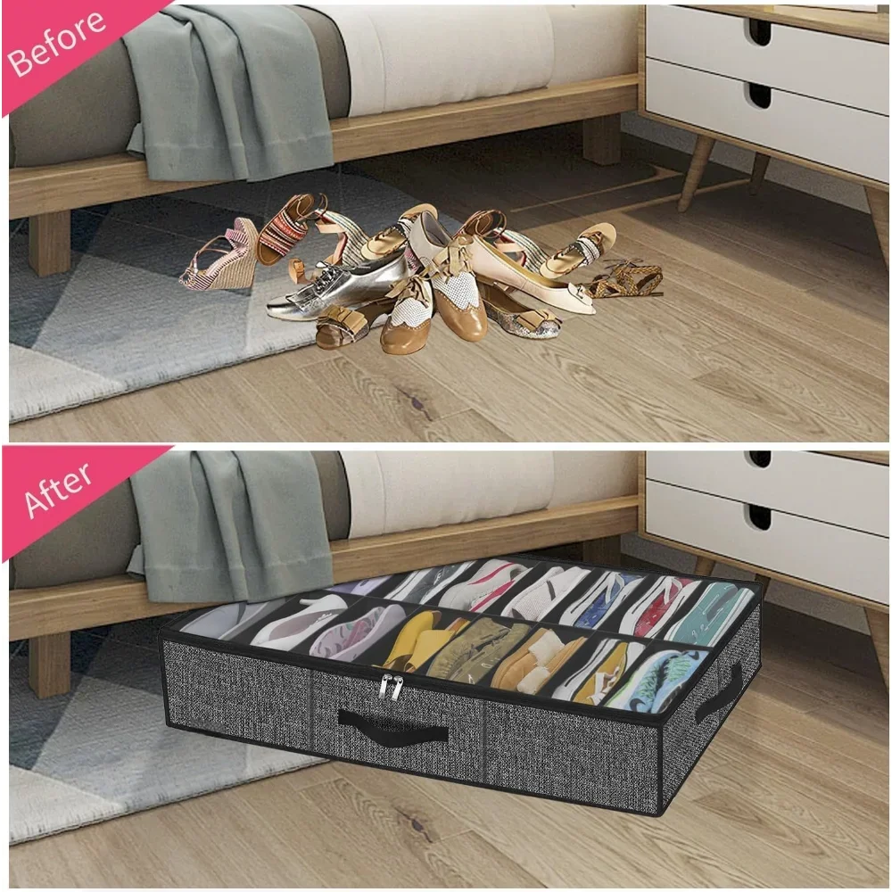 Shoe Storage Organizer Box with Reinforced Handles for Under Bed, Fit 12 Pairs, Collapsible Closet Underbed Shoes Container Bags