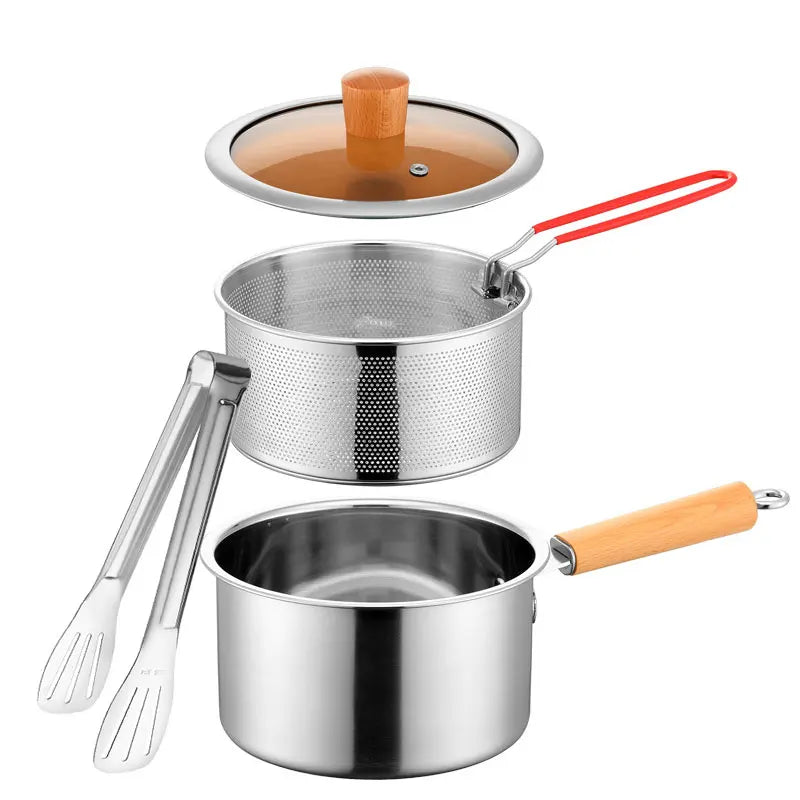 20cm Stainless Steel Deep Fryer Pot with Strainer Basket Wood Handle Mini Saucepan Soup Pot Milk Pan Cooking Pot Induction Safe
