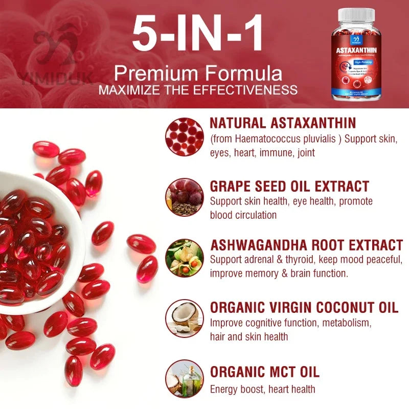 Astaxanthin 24 Mg Capsules, with Grape Seed Oil & Ashwagandha Root Extract, for Healthy Vision, Boosts lmmunity, Radiant Skin