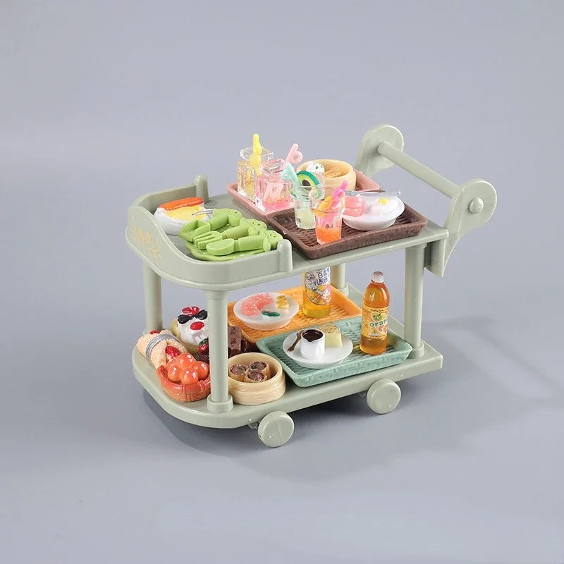 Dollhouse Food Carts Trolley with Mini Food 1set Dinnerware Drink Miniature House Toy Kitchen Scene Doll Accessories Home Decor