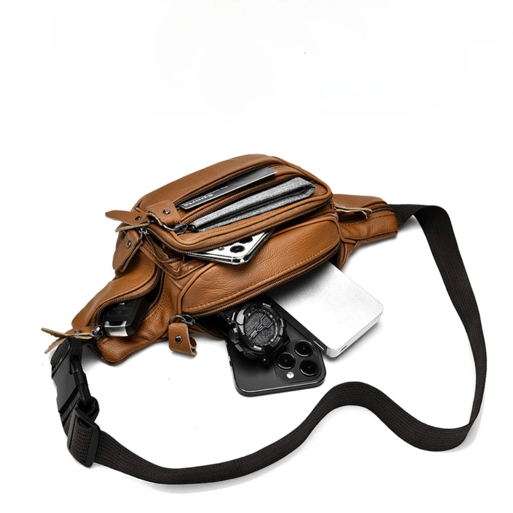 Large Capacity Waterproof PU Leather Men's Waist Bag Male Zipper Site Workers Travel Phone Bag Fanny Pack Men