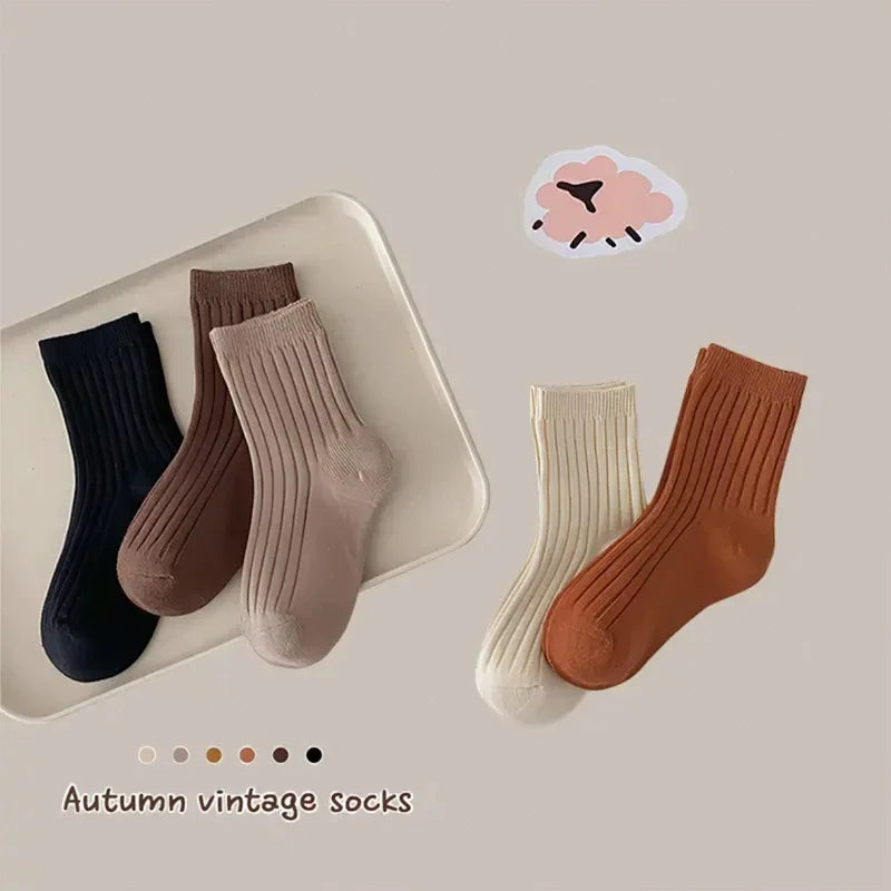 5-Pair Children's Socks for Boys Kids Mid-Calf Suitable for Spring Autumn and Winter Solid Color Student/Baby Boy School Style