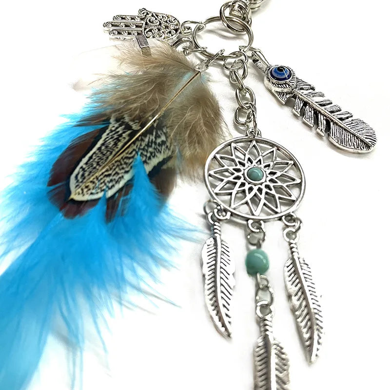 Handmade Craft Dreamnet Catcher Keychain Feather Tassel Jewelry Key Holder Dreamnet Pendant Car Wall Hanging Decoration B029