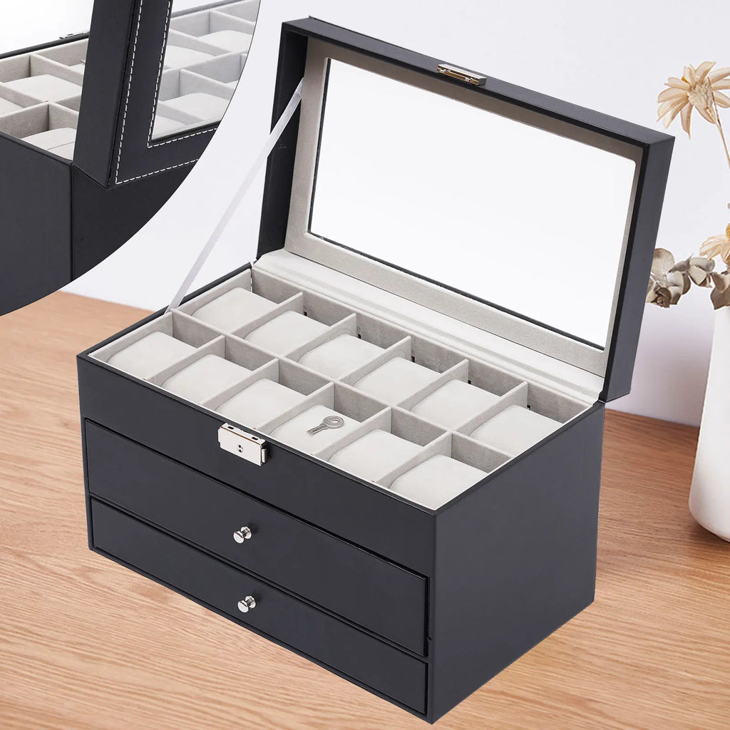 3 Layer Black Leather Watch And Eyeglasses&Sunglasses Box With Jewelry Display Drawer Metal Buckle Case Organizer