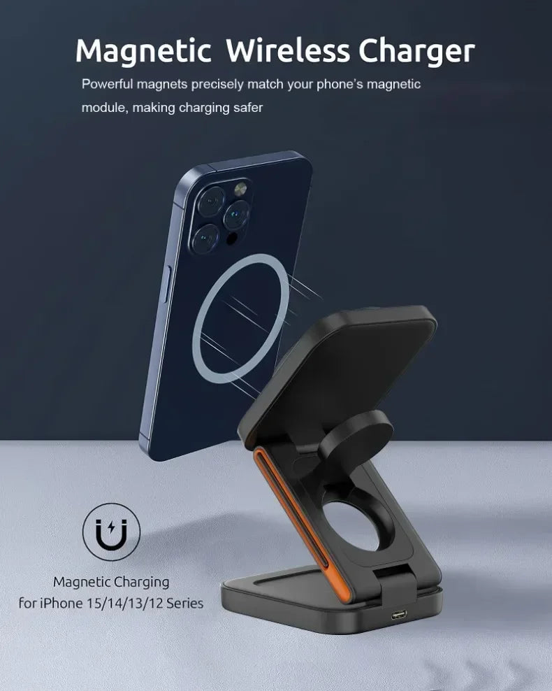 3 in 1 Fast Charging Station Foldable Magnetic Wireless Charger Stand for iPhone 17 16 15 14 13 12 iWatch 10-2 Airpods Pro Max