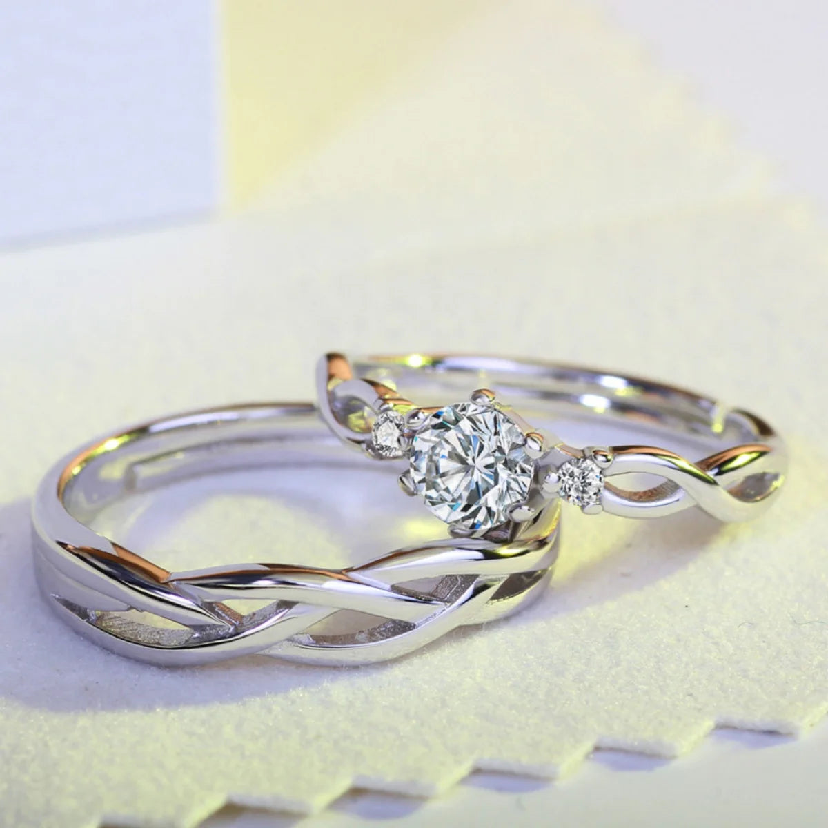 2Pcs/Set Minimalist Classic Twisted Weave Zircon Couple Rings For Women Men Trendy Romantic Geometric Ring Anniversary Jewelry