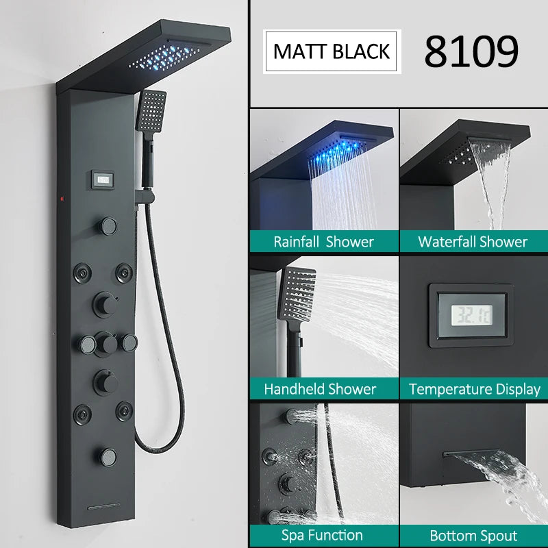 Black LED Shower Panel Tower System Rain Waterfall Shower Column Hydroelectricity Massage Body Spa Bath Shower Faucet Mixer