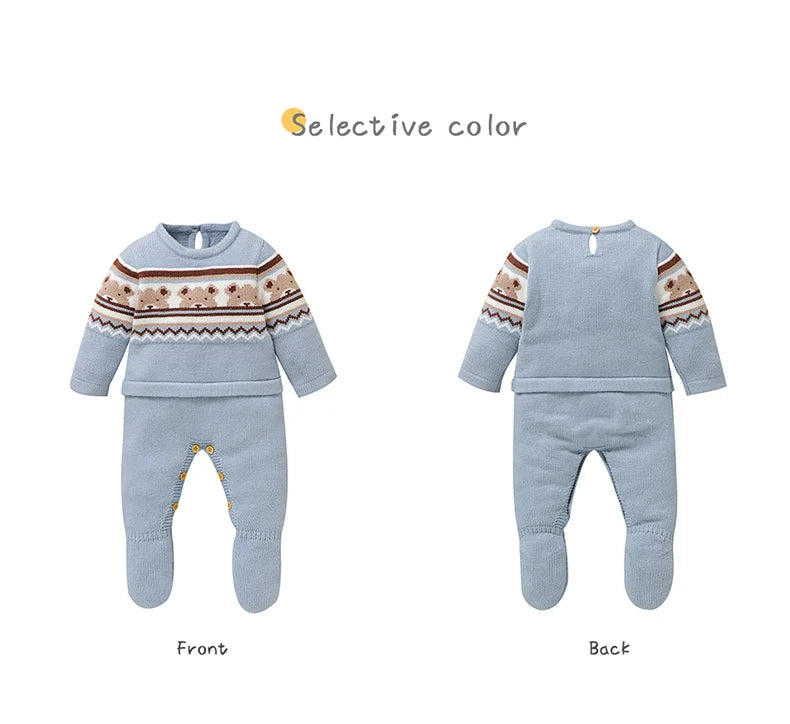 Baby Romper Knitted Toddler Kid Clothes 0-9M Infant Overalls Cute Bears Newborn Boys Girls Jumpsuit Long Sleeve Foot Wrap Autumn