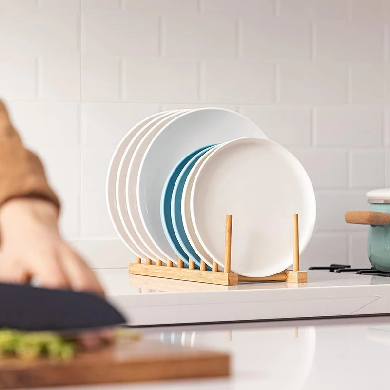 Dish Drainer Plate Rack Bamboo Shelf Cups Display Stand Drainer Holder Pan Cover Drying Organizer Kitchen Accessory