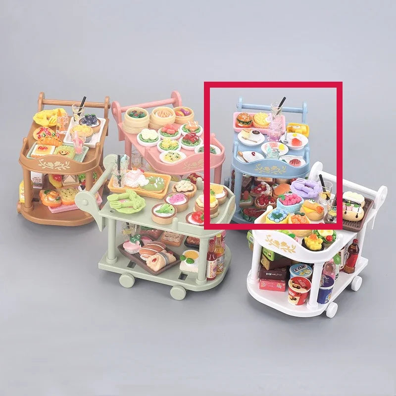 Dollhouse Food Carts Trolley with Mini Food 1set Dinnerware Drink Miniature House Toy Kitchen Scene Doll Accessories Home Decor