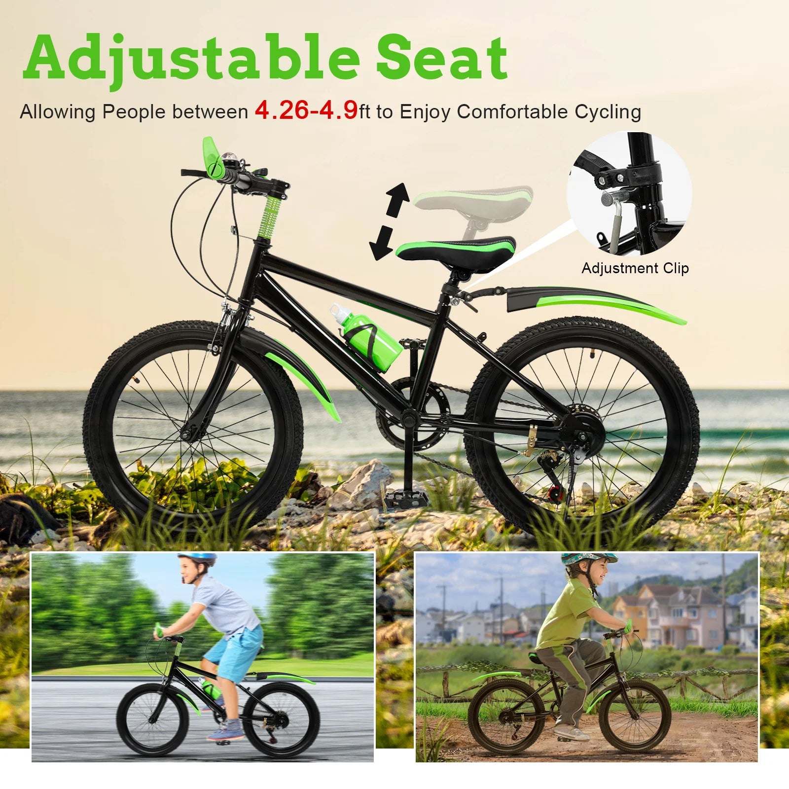 20" Mountain Bike 7 Speeds Kids Bicycle Dual-Disc Brakes Unisex Children's Bicycle Height Adjustable MTB Boys Girls Riding Bike