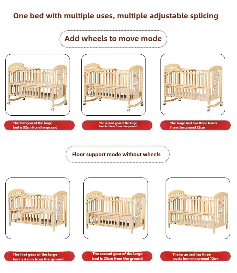 Baby Comfortable Sleeping Bed Solid Wood Newborn Baby Bed Multifunctional Baby Rocking Bed with Wheels and mosquito net