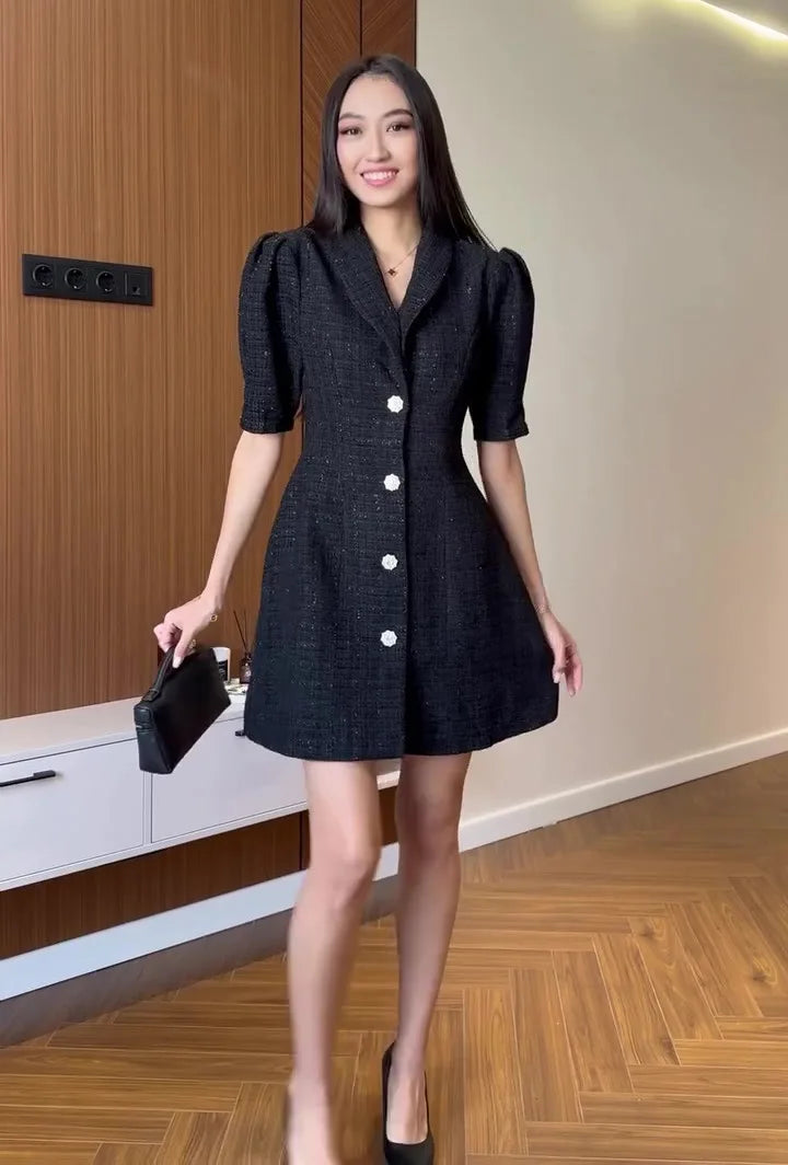 Women's Clothing 2026 Spring New Suit Collar Short Sleeve Cardigan Elegant Mini Bodycon Dress
