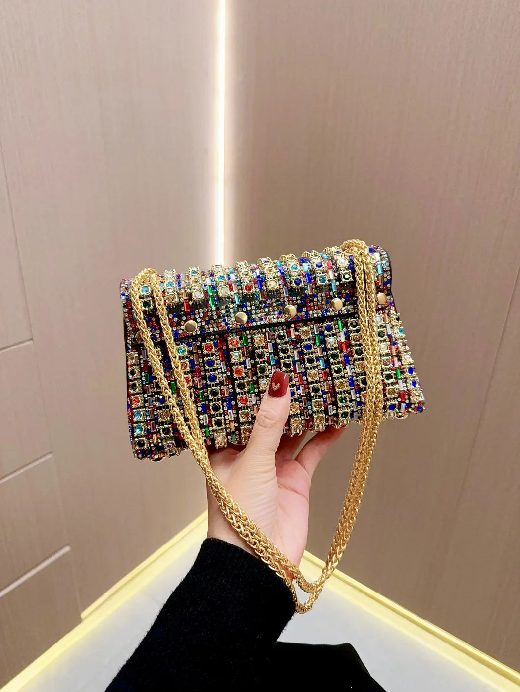 Full Rhinestone Women's Evening Clutch Bag luxury Leather Chain Handbag Elegant Wedding Party Diamond Wallet Rectangular Purse