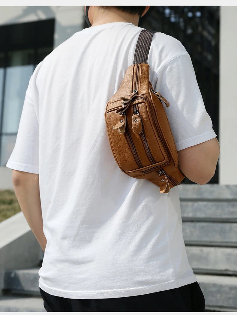 Large Capacity Waterproof PU Leather Men's Waist Bag Male Zipper Site Workers Travel Phone Bag Fanny Pack Men