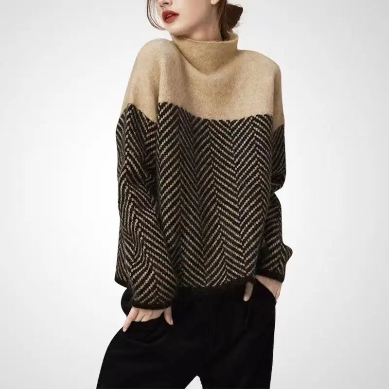 Women's Clothing Contrast Color High-neck Knitted Pullover Sweater for Women Autumn Winter Casual Temperament Loose Slimming Top