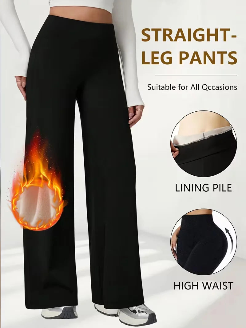 Plush Wide Leg Trousers Warm Winter High Waisted Straight Pants Outdoor Skiing Jogging Or Exercise Winter Women's Pants & Capris