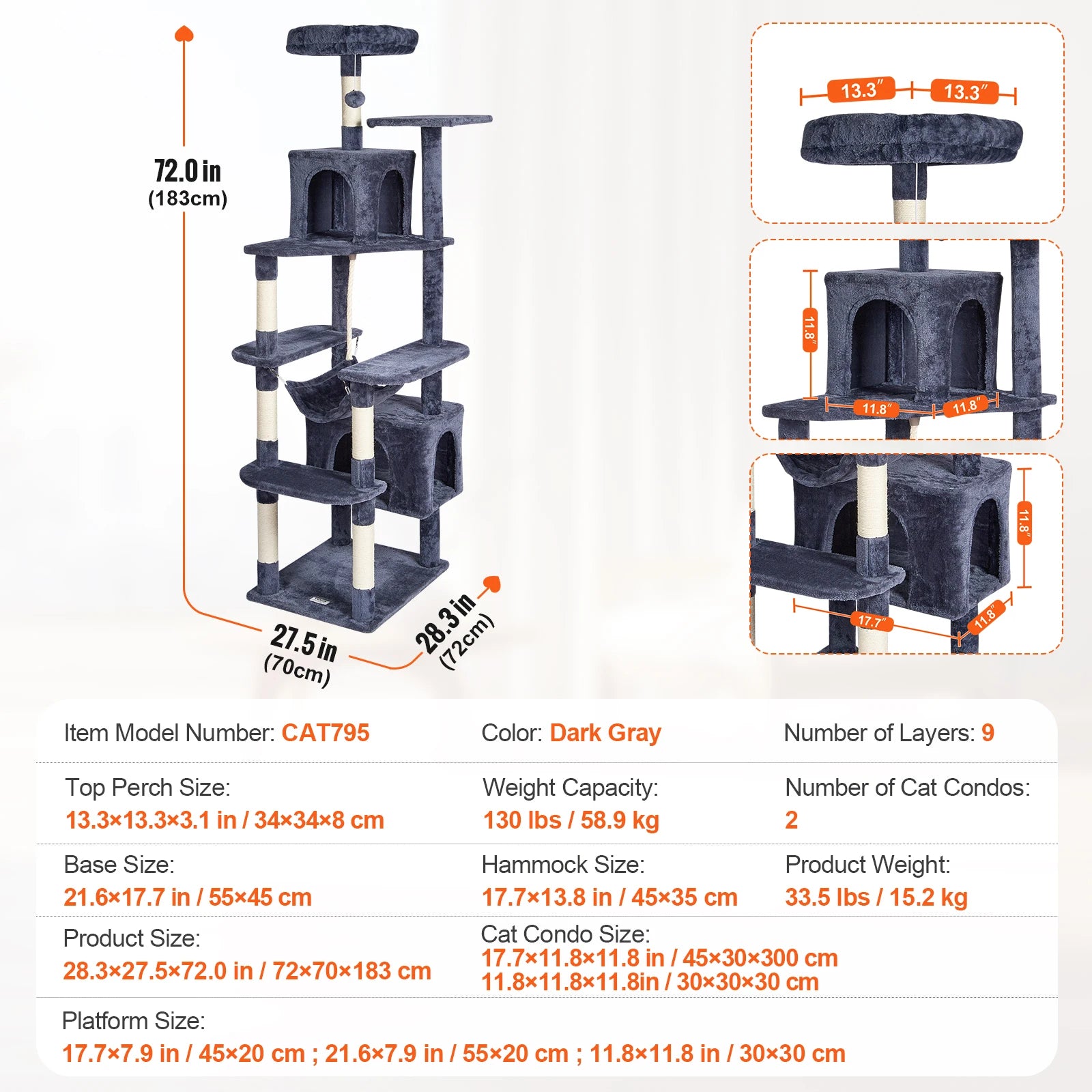 SucceBuy Cat Tree for Indoor Cats Cat Tower with Cat Condo Sisal Scratching Post HammockTop Perch Jumping Platforms Dark Grey