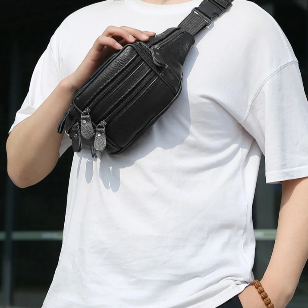 Large Capacity Waterproof PU Leather Men's Waist Bag Male Zipper Site Workers Travel Phone Bag Fanny Pack Men