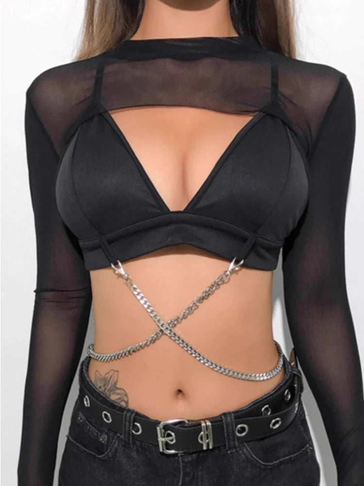 Hot Summer Sexy Top Ultra Short Perspective Round Neck Long Sleeve Solid Color Transparent T-shirt Women's Top