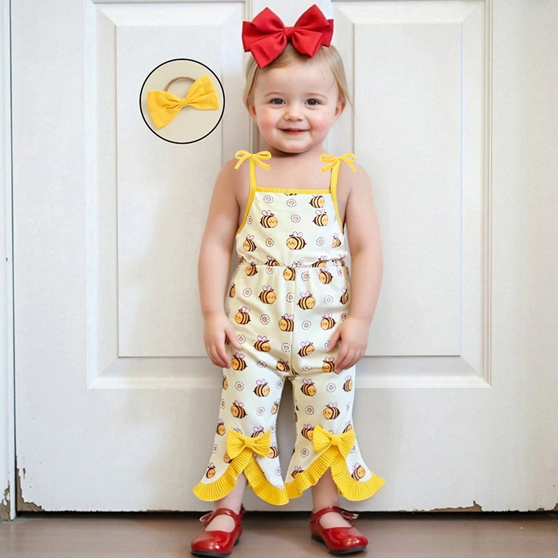 Adorable Infant Girl Floral Print Romper with Matching Headband Set for Summer Beach Vacation Outfit 2 Pcs Set