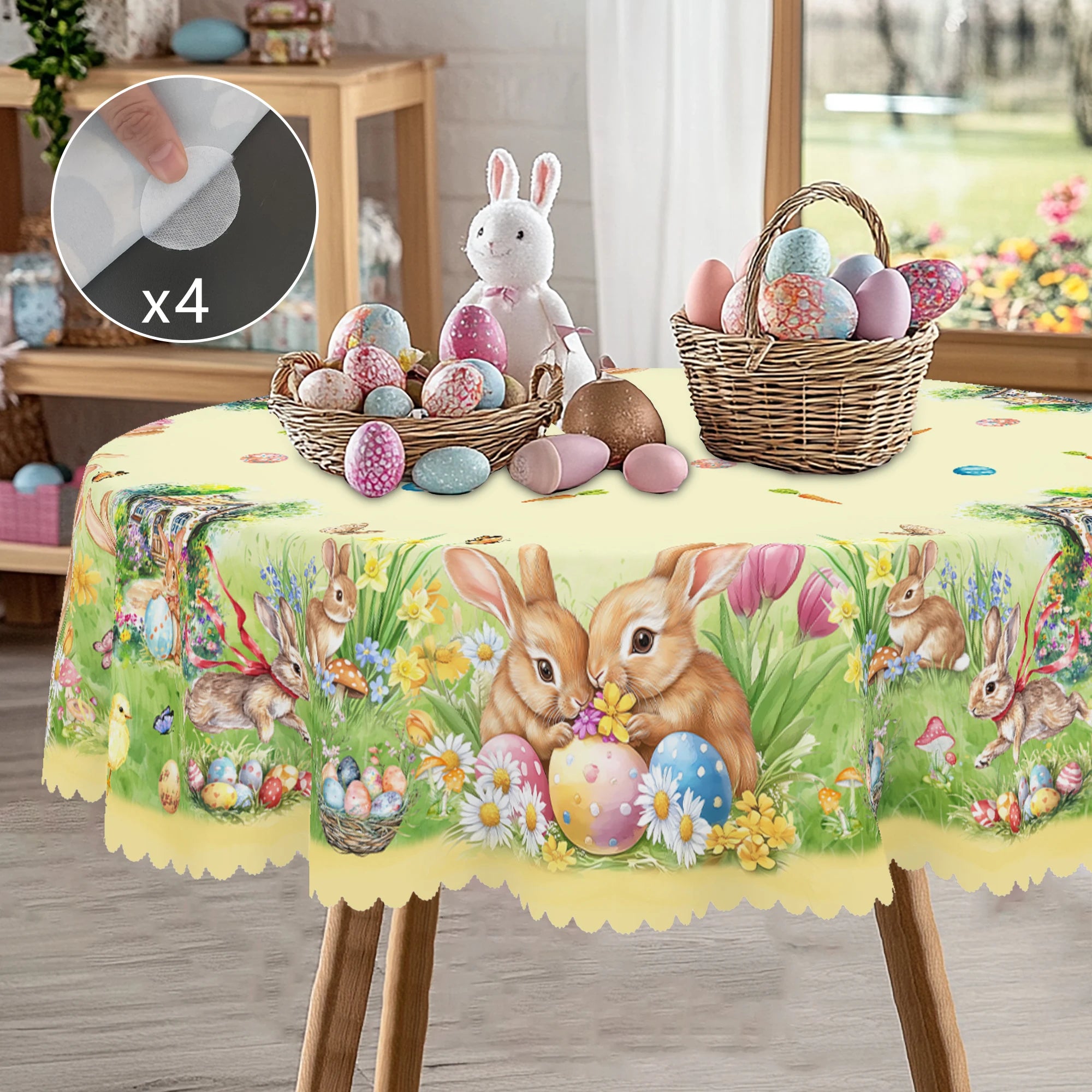 1 Easter Round Tablecloth, 5 Sizes Available, Tulip Easter Bunny Egg Garden Printed Square Tablecloth, Edge Embossing Process, Spring Garden Tablecloth Decoration, Tablecloth for Daily Home Kitchen, Terrace Use, Easter Decora