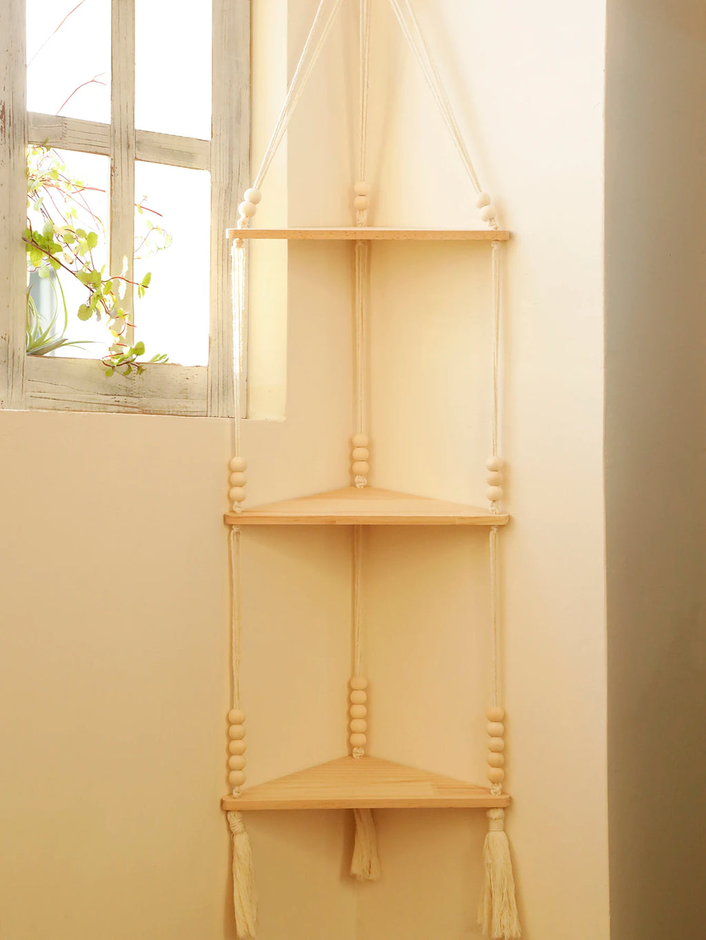 Macrame Hanging Shelf Boho Wall Hanging Handmade Rope Rustic Wood Floating Shelves Hanging Corner Wall Shelf Bedroom Decor Gifts