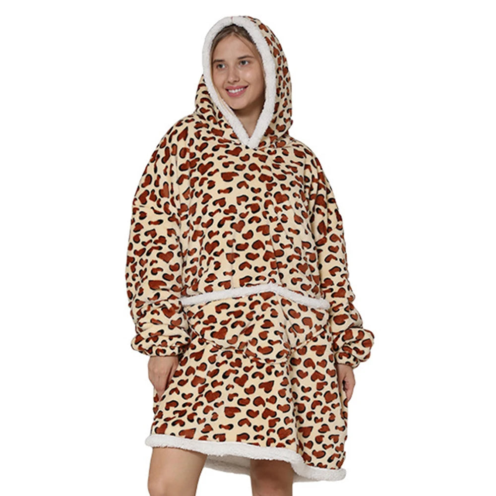 Lazy Hoodie Blanket Oversized for Women Winter Fleece Sherpa Leopard Print Sleeping Blanket Hoodies Thicken Fleece Sweatshirt