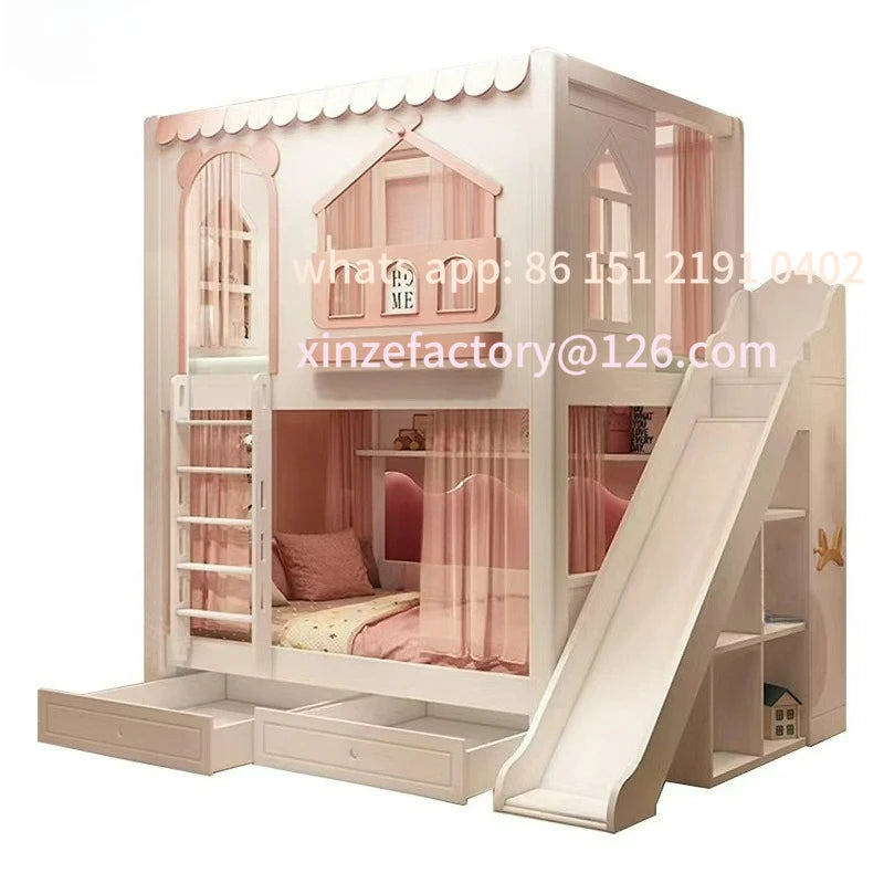 Customizable girl princess bunk bed two-story high-low sister high guardrail slide elevated bed