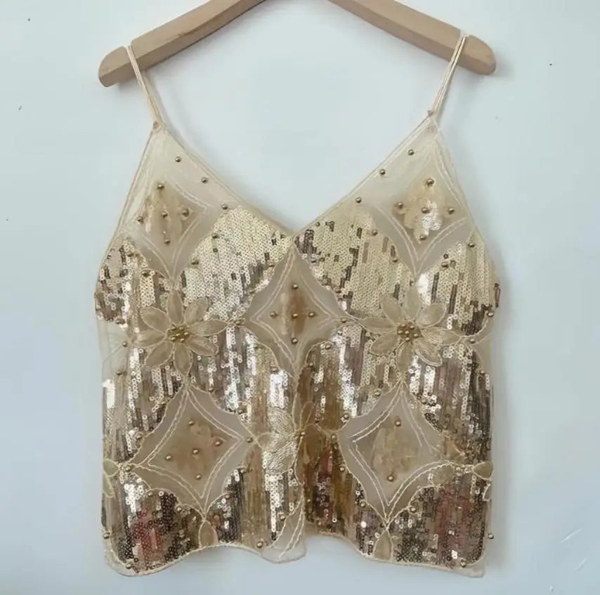Summer Women Bling Sequined Tanks Tops Sexy Beaded Work Mesh Tops Chic Women Sparkly Cami Vest Femme Streetwear