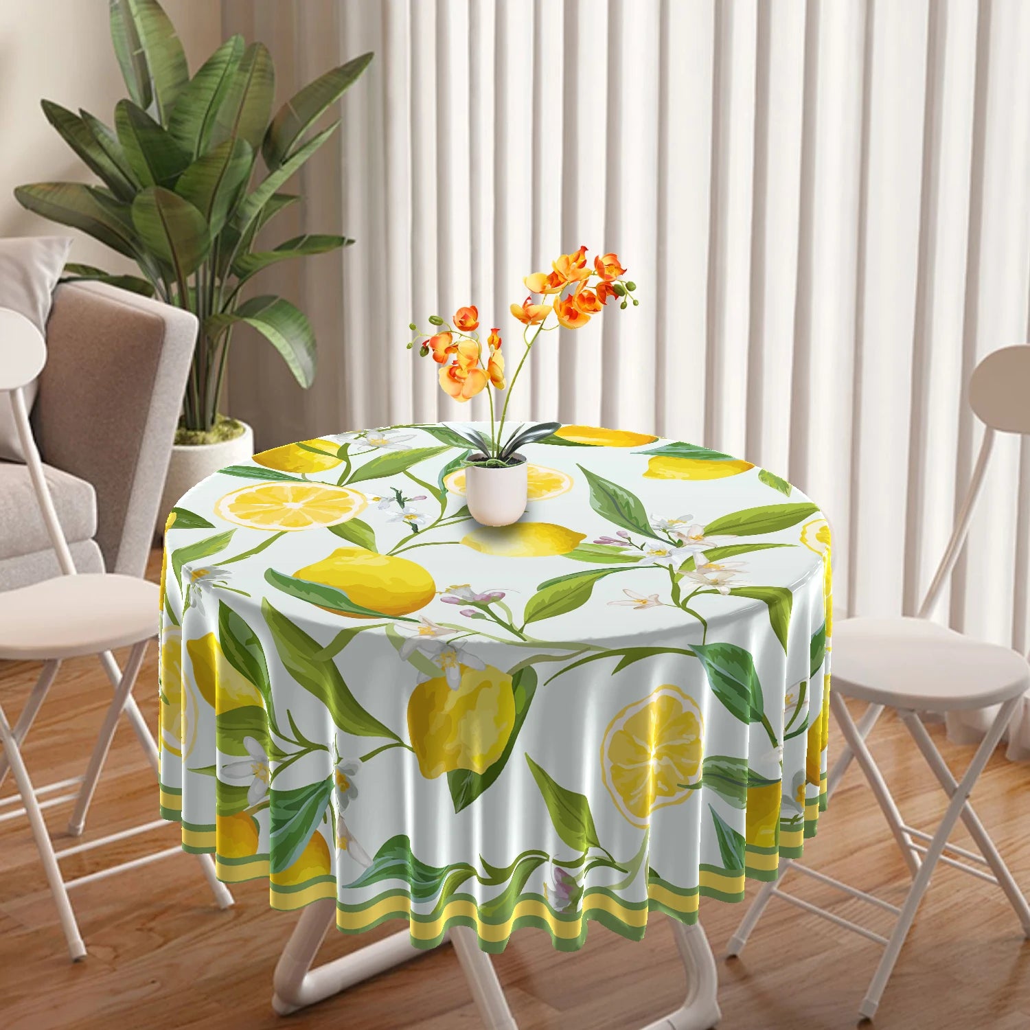 1 Piece Black White Checkered Circular Tablecloth Waterproof Dining Table Cover Lemon Bohemian Style 63 inch Tablecloth