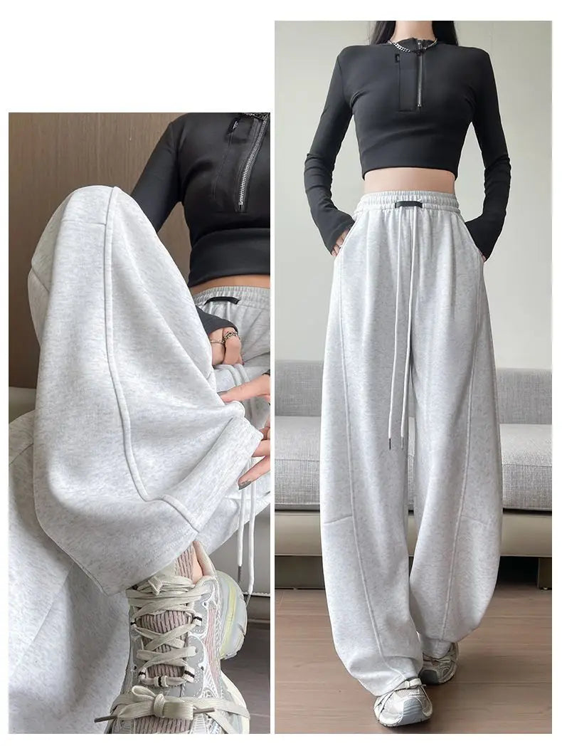 Loose Wide Leg Pants Women's High Waist Trousers Casual Sports Grey Curved Blade Long Length plus Size Comfortable Summer 2025