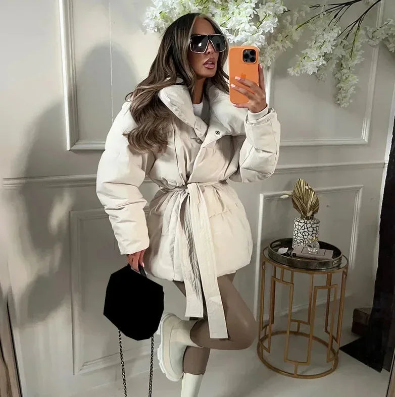 2025 Women's Clothing Parkas Warm-Weather Waist-Defining Long-Sleeve Tie-Waist Loose-Fit Solid-Color Fashionable Cotton Coat