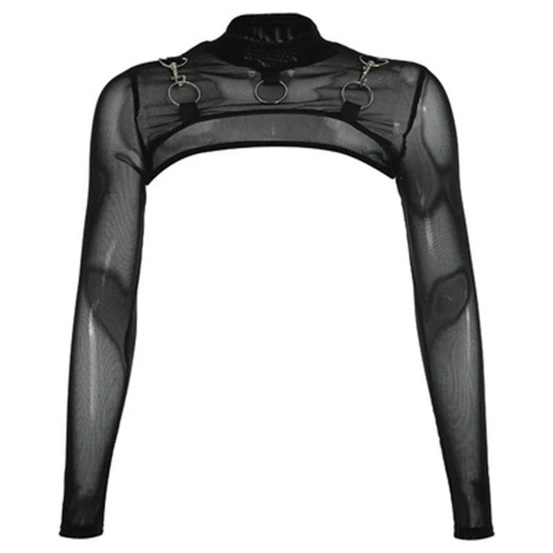 Hot Summer Sexy Top Ultra Short Perspective Round Neck Long Sleeve Solid Color Transparent T-shirt Women's Top