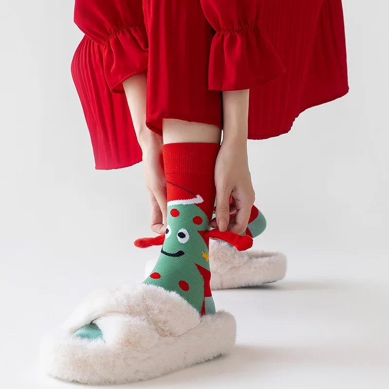 Women's Socks Cartoon Creative Christmas Wear Funny Handholding Kawaii Cute Socks High Quality Cotton Mid-tube Socks For Girl