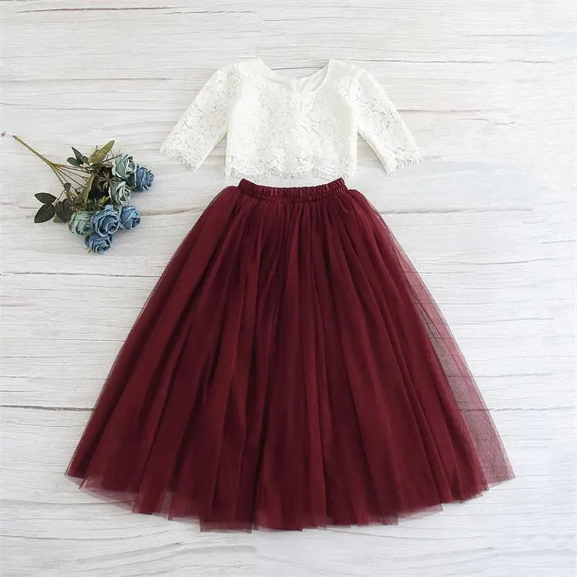 Children Set Clothing for Girls Half Sleeve Lace Top+Champagne Pink Long Skirt Kids Clothes 0-10T E17121
