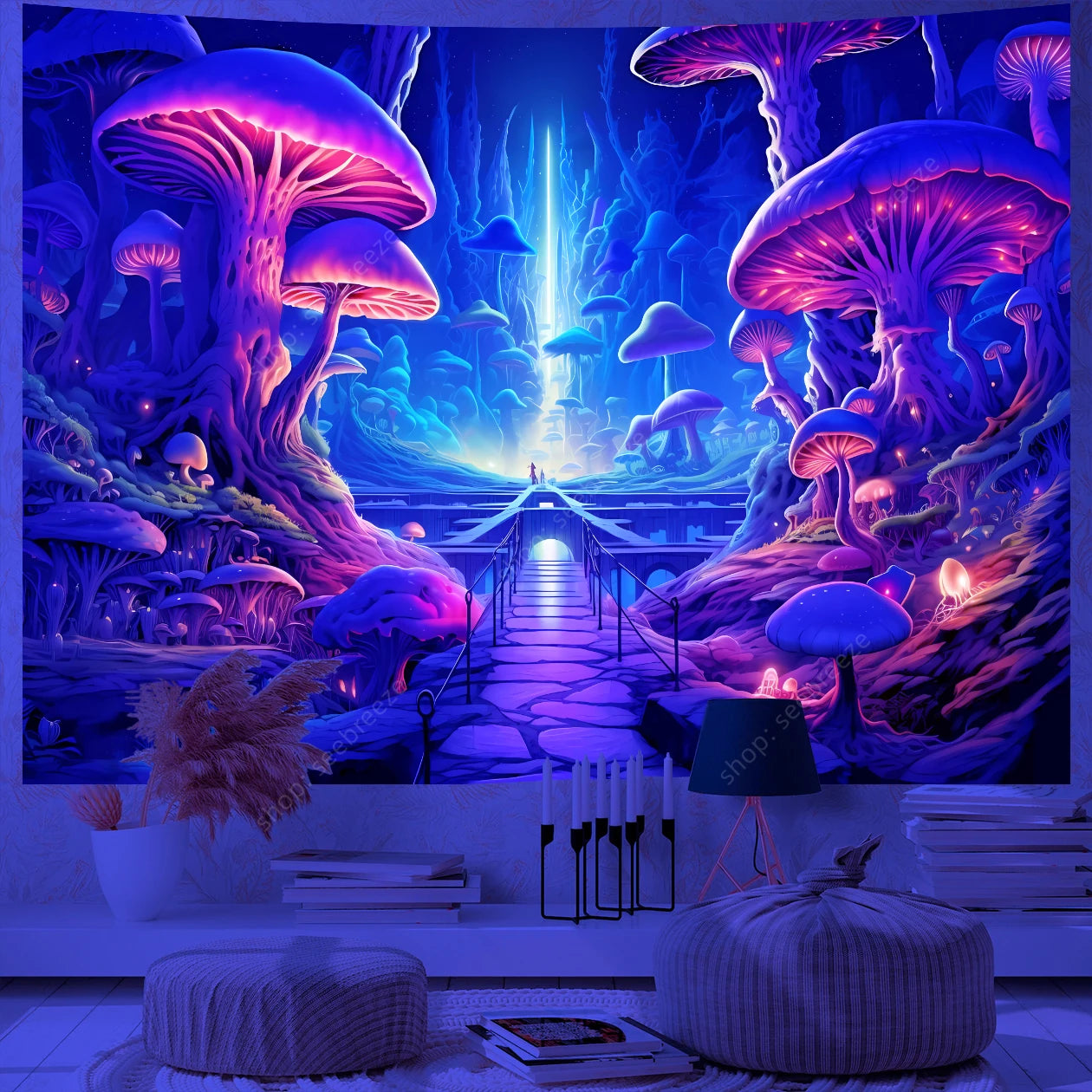 Fantasy Mushroom UV Reactive Tapestry Beautiful Floral Plant Tapestry Wall Hanging Gothic Home Wall Decor Room Decor Aesthetic